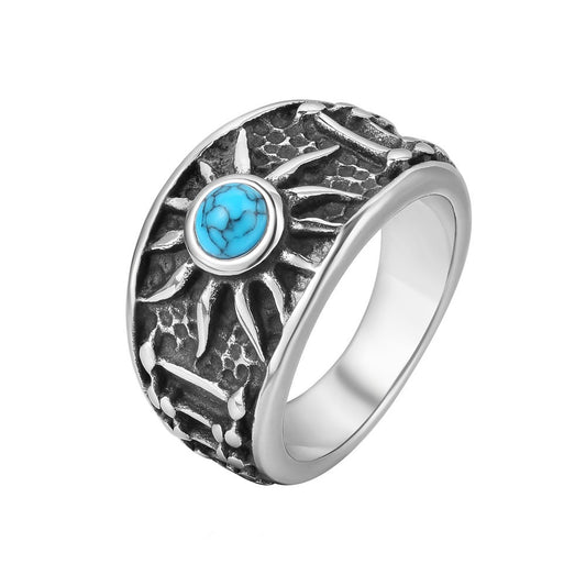 Kemstone Turquoise Ring for Men Titanium Steel Wide Band Textured Vintage R1496