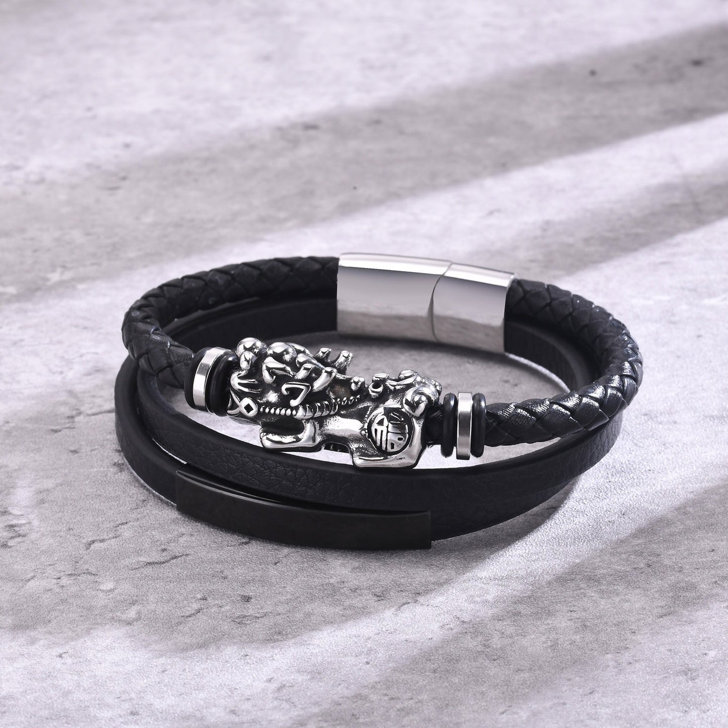 Kemstone Men’s Black Leather Bracelet – Triple-Layer Band with Stainless Steel Pixiu Charm BL-681