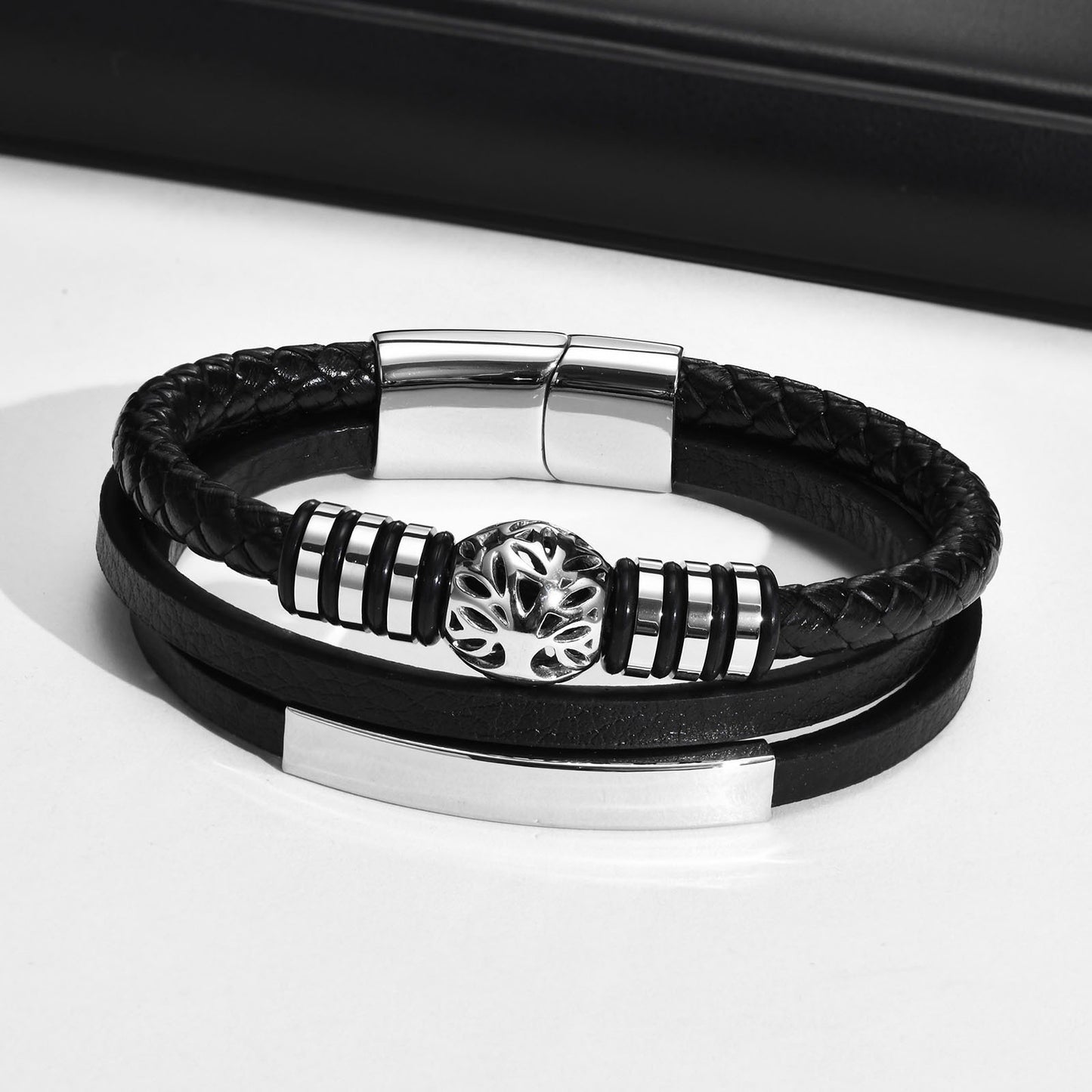 Kemstone Men’s Layered Microfiber Leather Bracelet – Stainless Steel Tree of Life Plate BL-650