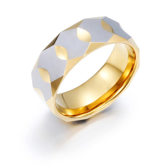 Kemstone Tungsten Geometric Ring for Men & Women – 9mm Faceted Armor Band Dual Tone KR34306