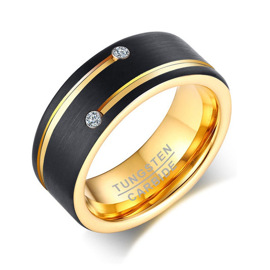 Kemstone Tungsten Ring – Black Gold Inlaid Zircon Slot Design Men’s Jewelry TCR-089