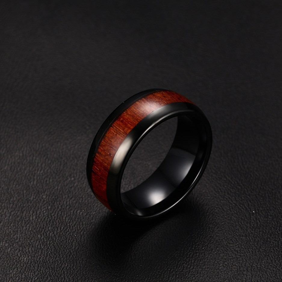 Kemstone Tungsten Steel Wood Grain Inlay Ring – Men’s Modern Wood Design Band TCR-022