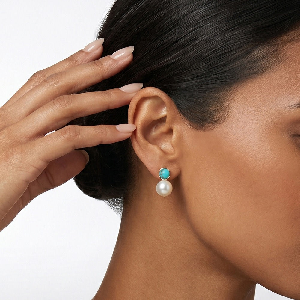 Kemstone Turquoise Freshwater Pearl Stud Earrings for Women 925 Sterling Silver MPE08