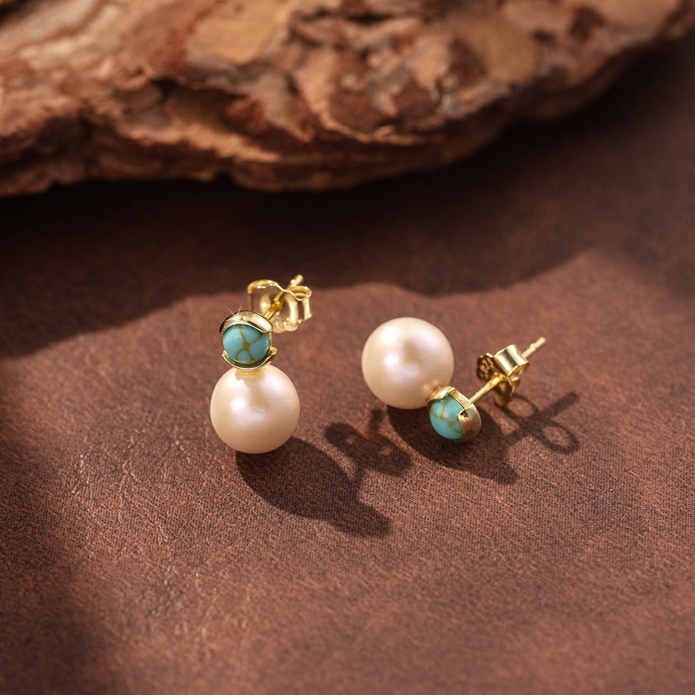 Kemstone Turquoise Freshwater Pearl Stud Earrings for Women 925 Sterling Silver MPE08