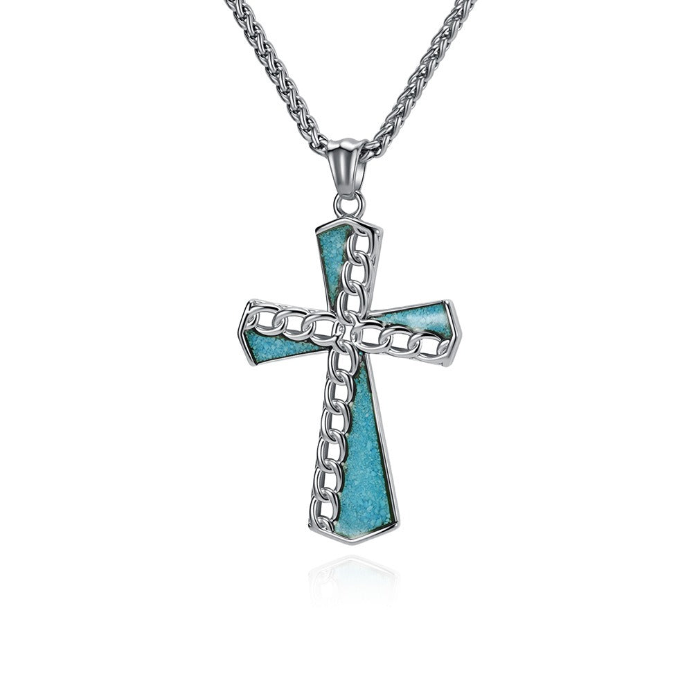 Kemstone Turquoise Inlay Stainless Steel Chain Cross Pendant Necklace for Men K-PT700