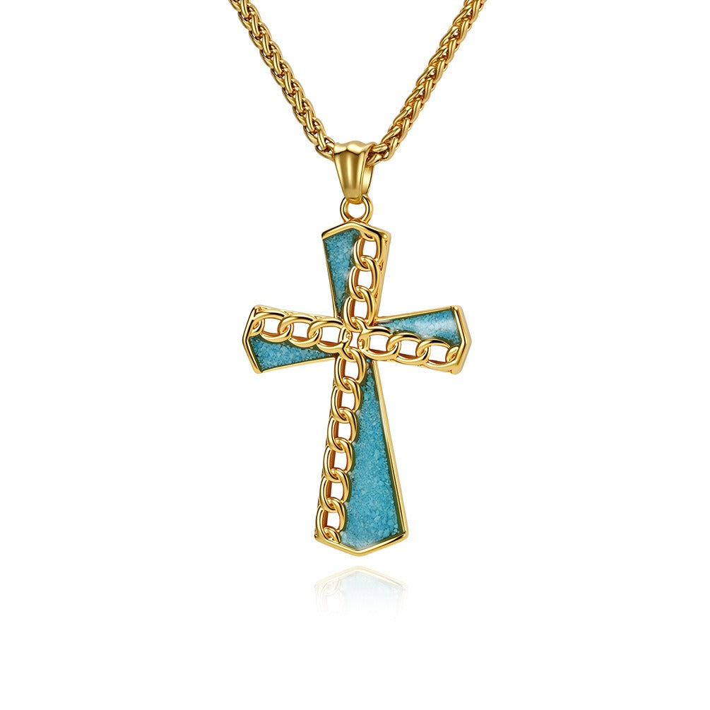 Kemstone Turquoise Inlay Stainless Steel Chain Cross Pendant Necklace for Men K-PT700