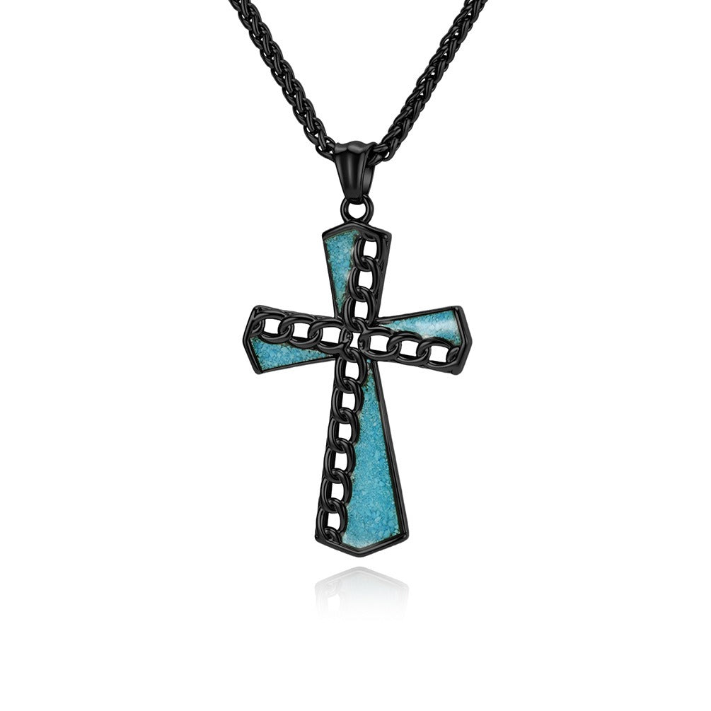 Kemstone Turquoise Inlay Stainless Steel Chain Cross Pendant Necklace for Men K-PT700