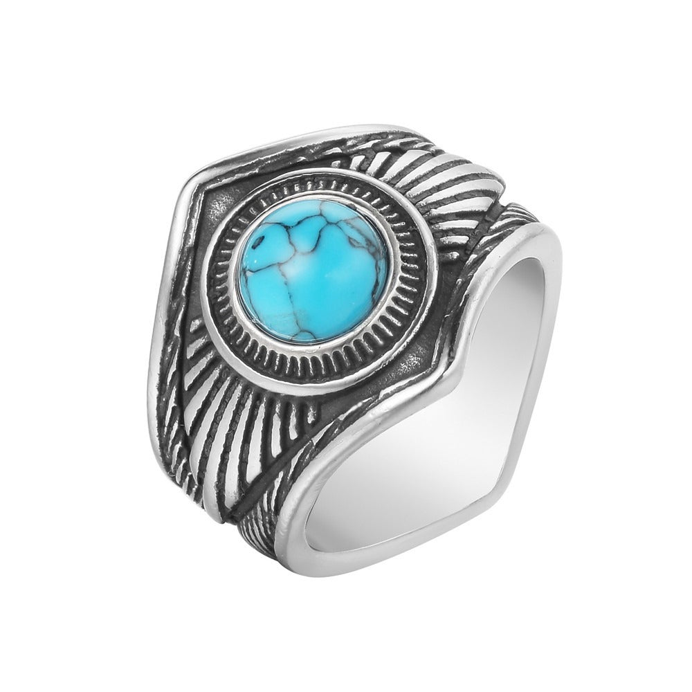 Kemston Turquoise Ring for Men Titanium Steel Feather Texture Vintage Stone R1530