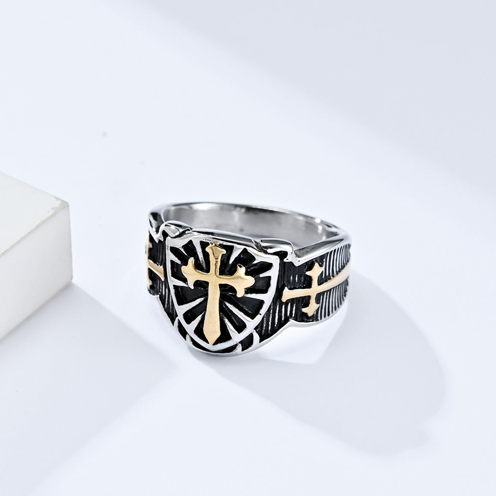 Kemstone Stainless Steel Shield Cross Ring for Men K-R681