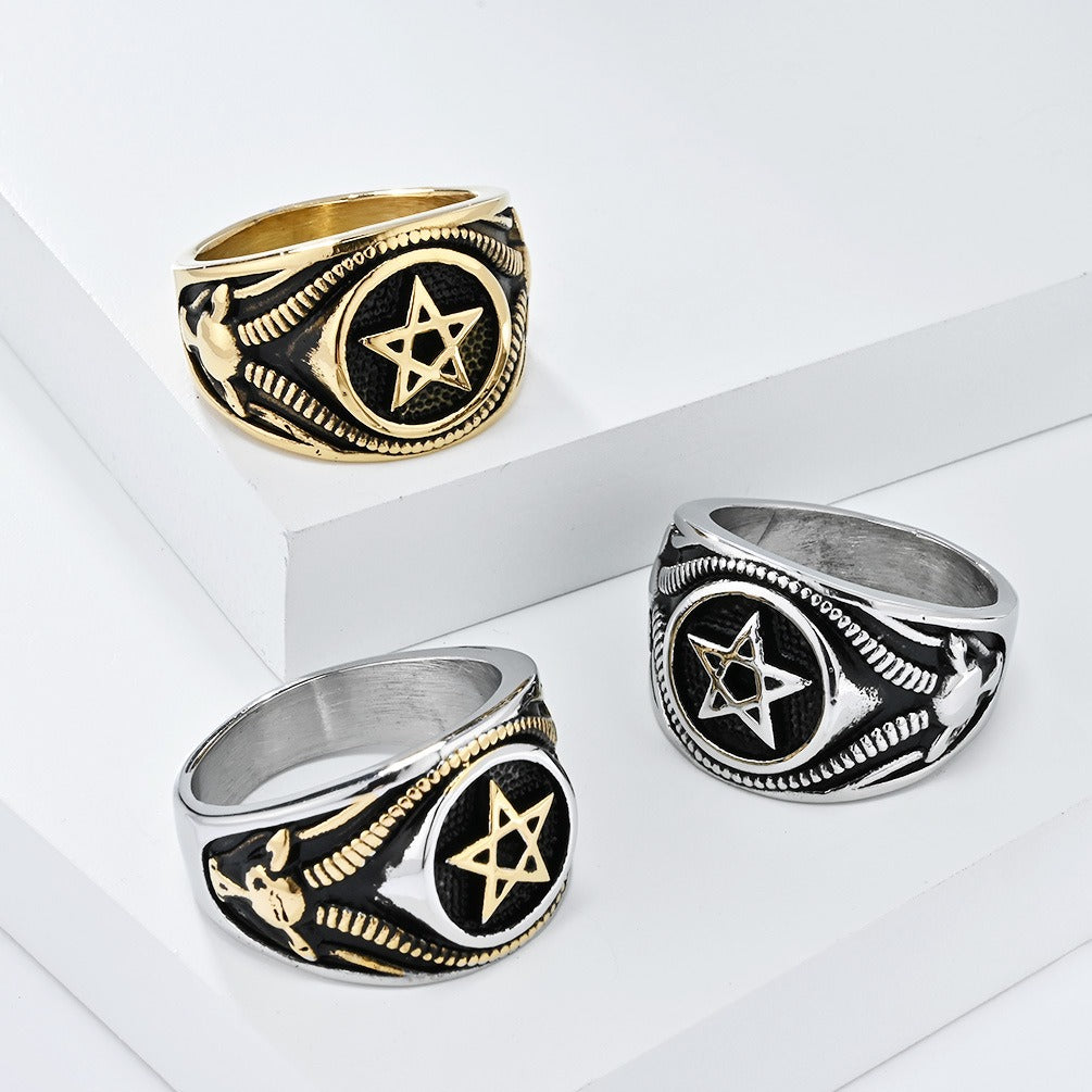Kemstone Five Point Star Signet Ring for Men Stainless Steel Bold Dark Style K-R844