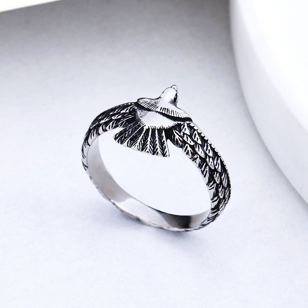 Kemstone Flying Eagle Ring for Men Titanium Steel Feather Engraved R1232