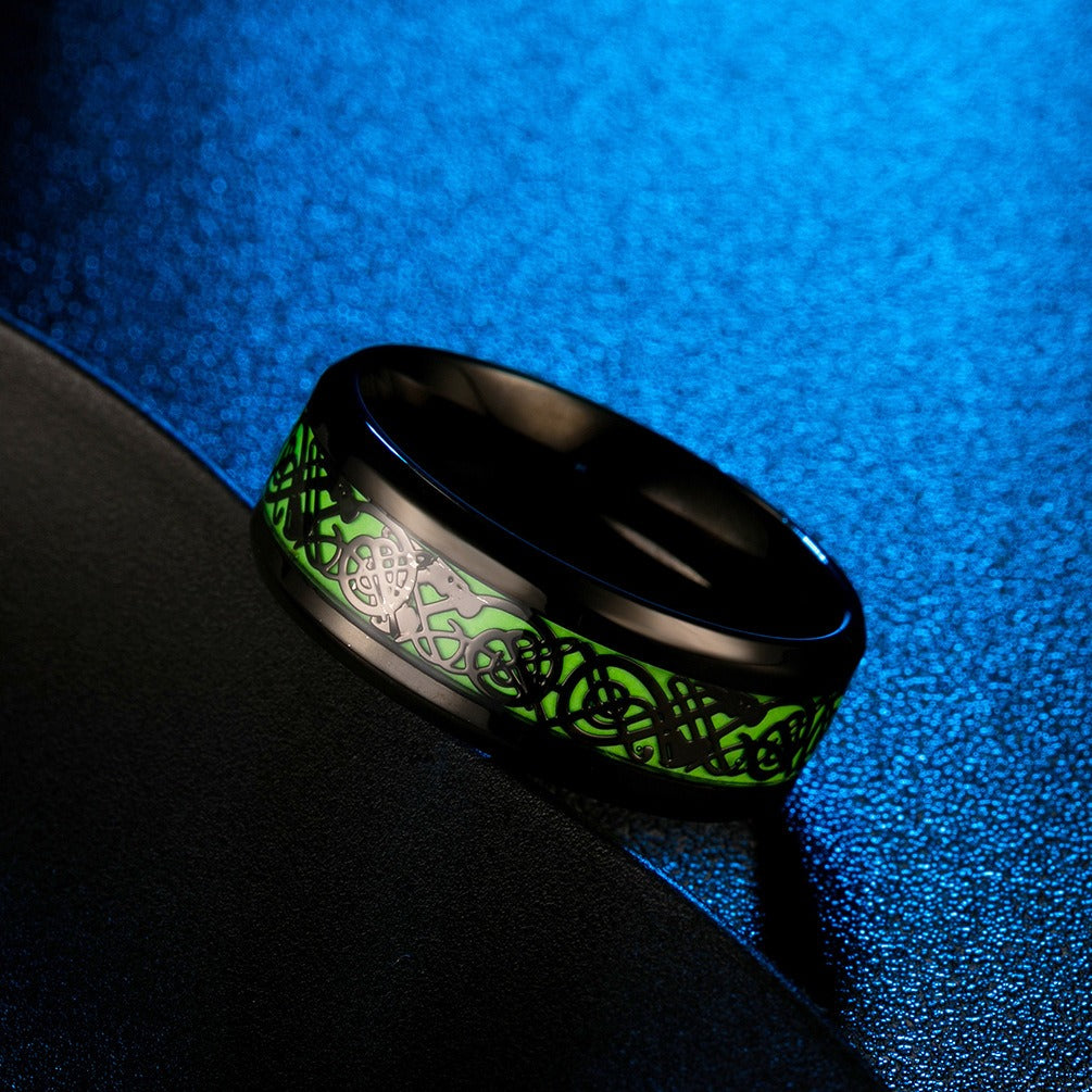 Kemstone Glow Green Ring for Men Stainless Steel Celtic Knot Vintage Style K-R388