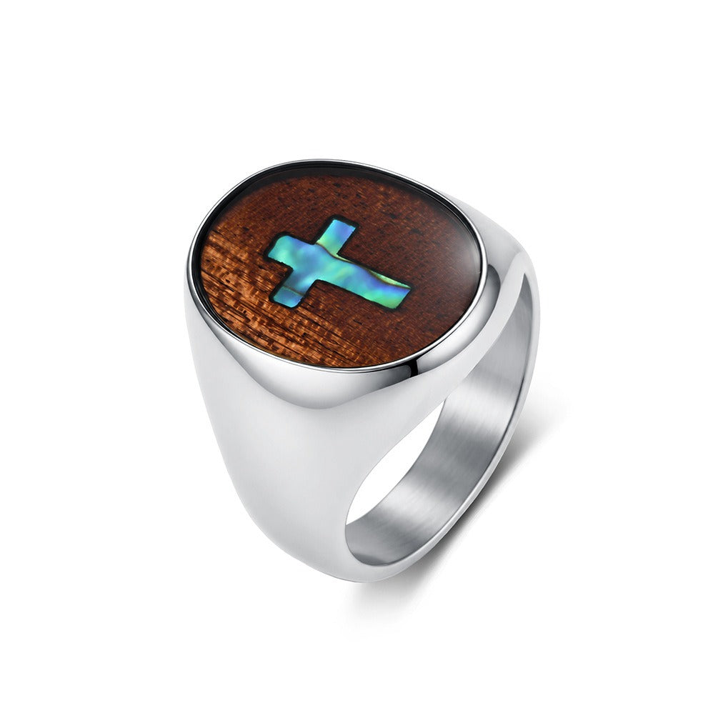 Kemstone Wood Inlay Cross Signet Ring for Men Stainless Steel Vintage K-R12390