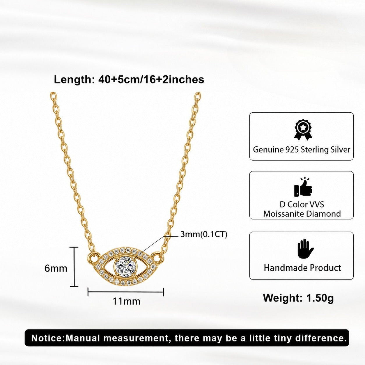 Kemstone Eye Shaped Moissanite Necklace for Women 925 Sterling Silver Pendant SMON24