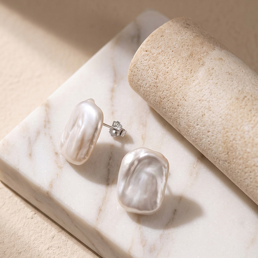 Kemstone Square Freshwater Pearl Stud Earrings for Women 925 Sterling Silver Minimal Design GPE147