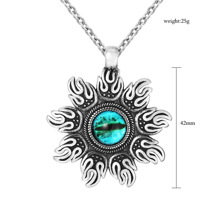 Kemstone Green Eye Pendant Necklace for Men Titanium Steel Flame Pattern P0202-NK04