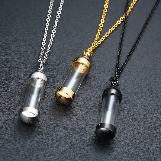 Kemstone Men’s Stainless Steel Glass Vial Pendant Necklace – Gothic Memorial Perfume Bottle Urn Amulet PN-716