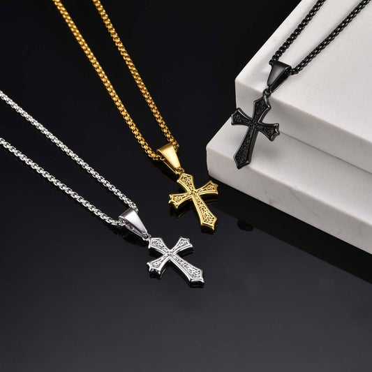 Kemstone Men’s Gothic Cross Necklace – Stainless Steel Pendant in Black, Silver, or Gold, Symbol of Faith & Power PN-2012