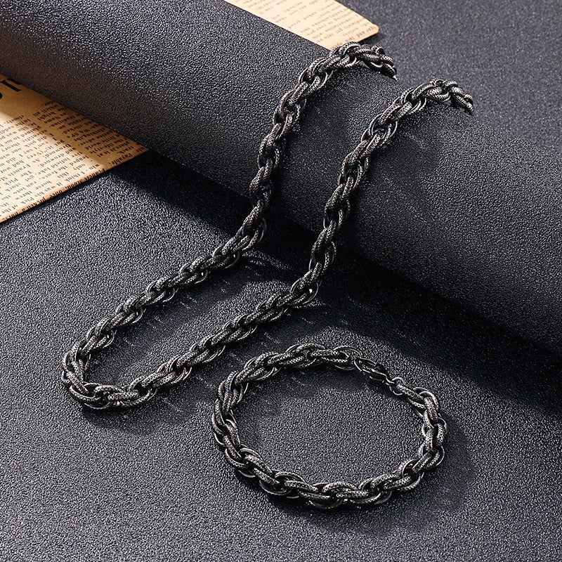 Kemstone Vintage Matte Black Titanium Steel Chunky Twisted Chain Bracelet & Necklace for Men KS141111-Z