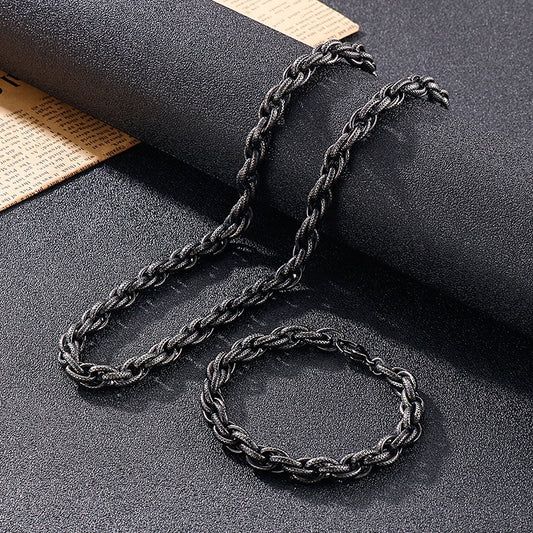 Kemstone Vintage Matte Black Titanium Steel Chunky Twisted Chain Bracelet & Necklace for Men KS141111-Z