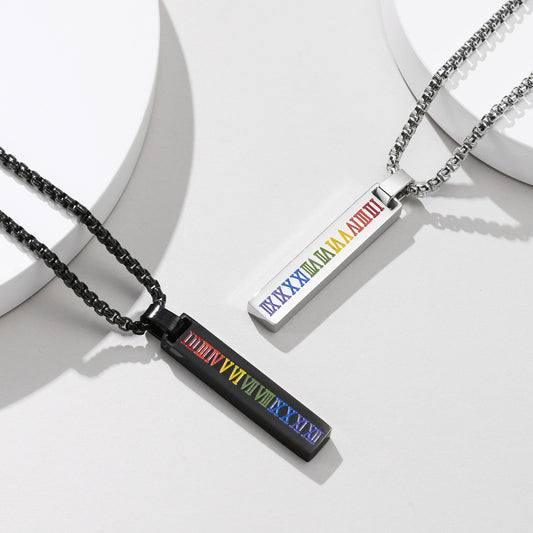 Kemstone Roman Numeral Drip Pendant Necklace – Stainless Steel Bar Chain PPN-067
