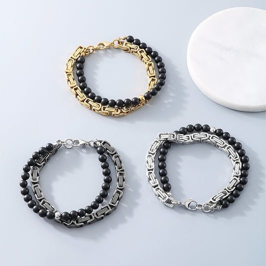 Kemstone Double Chain Bracelet for Men – Stainless Steel & Black Agate Beads, Viking Punk Style