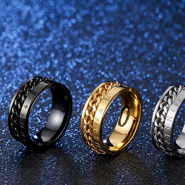 Kemstone Men’s Titanium Steel Viking Rune Chain Spinner Ring – Vintage Norse Style K-R336