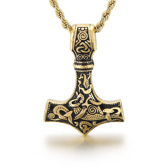 Kemstone Viking Thor’s Hammer Pendant – Stainless Steel Norse Amulet with Skull Connector KP96348