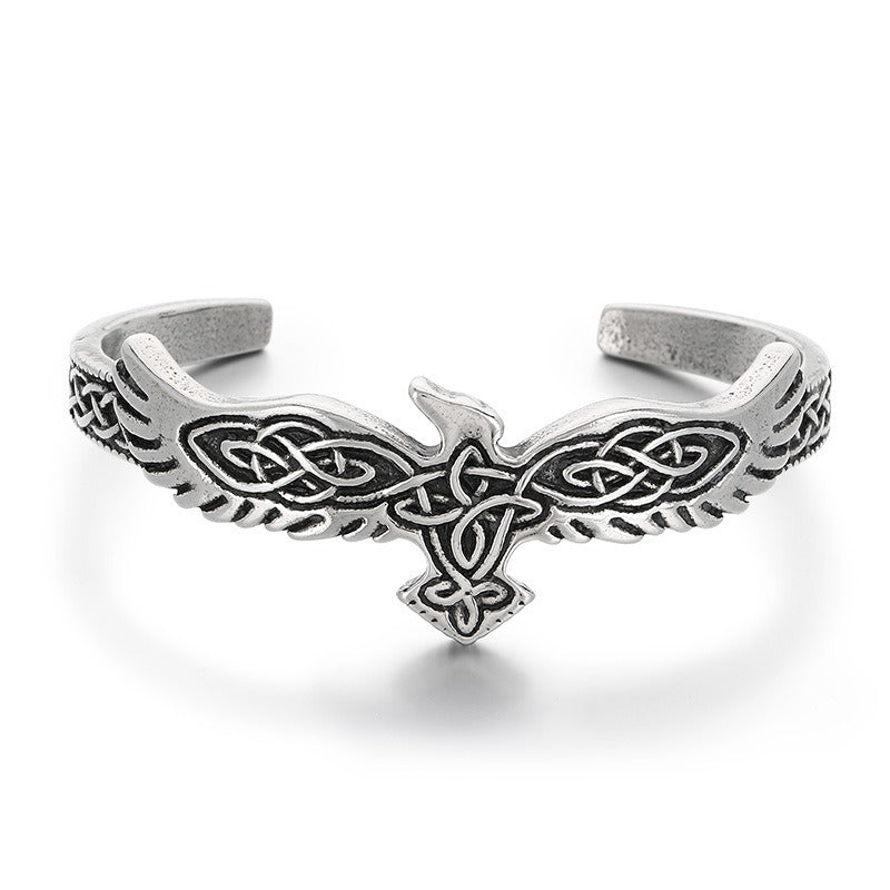Kemstone Viking Raven Celtic Knot Feather Cuff Bracelet – Titanium Steel Open Bangle for Men KB209301-LU
