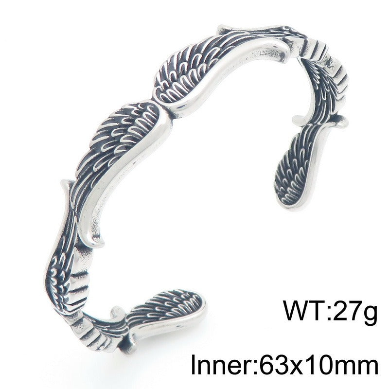 Kemstone Viking Raven Celtic Knot Feather Cuff Bracelet – Titanium Steel Open Bangle for Men KB209301-LU