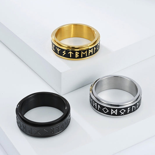 Kemstone Viking Rune Spinner Ring – Stainless Steel Rotatable Vintage Band K-R1065