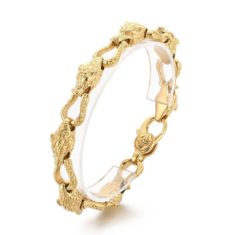 Kemstone Viking Tail-Biting Wolf Head Bracelet – Stainless Steel Vintage Design, Gold/Silver KB204389-KJX