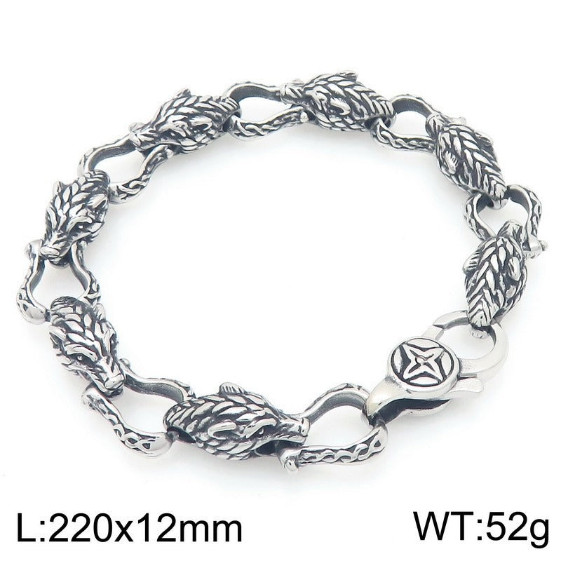 Kemstone Viking Tail-Biting Wolf Head Bracelet – Stainless Steel Vintage Design, Gold/Silver KB204389-KJX