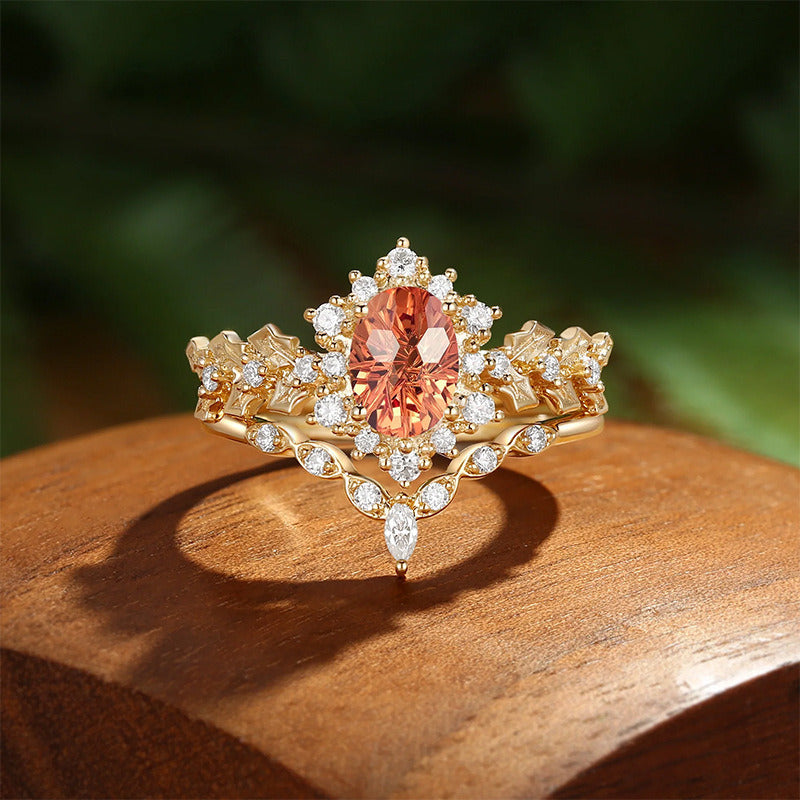 Kemstone Vintage Mandarin Garnet & Moissanite Ring Set for Women – S925 Sterling Silver 18K Gold Plated Stackable Bridal Ring T7-YC0297RS