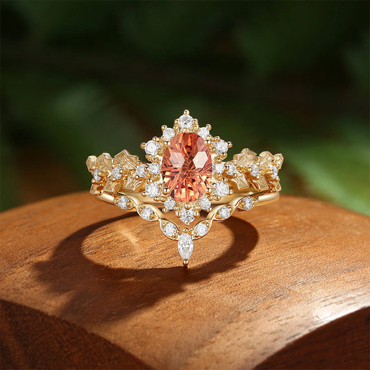 Kemstone Vintage Mandarin Garnet & Moissanite Ring Set for Women – S925 Sterling Silver 18K Gold Plated Stackable Bridal Ring T7-YC0297RS