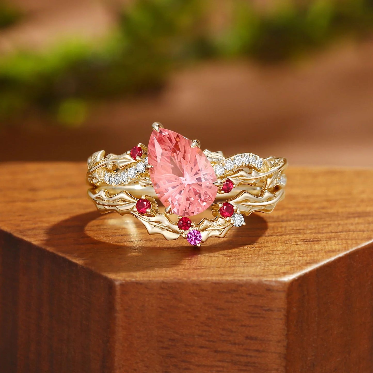 Kemstone Pink Sapphire Floral Ring Set for Women – Pear Shaped Gemstone Stackable Ring in S925 Sterling Silver 18K Gold Plated T7-YC0324RS