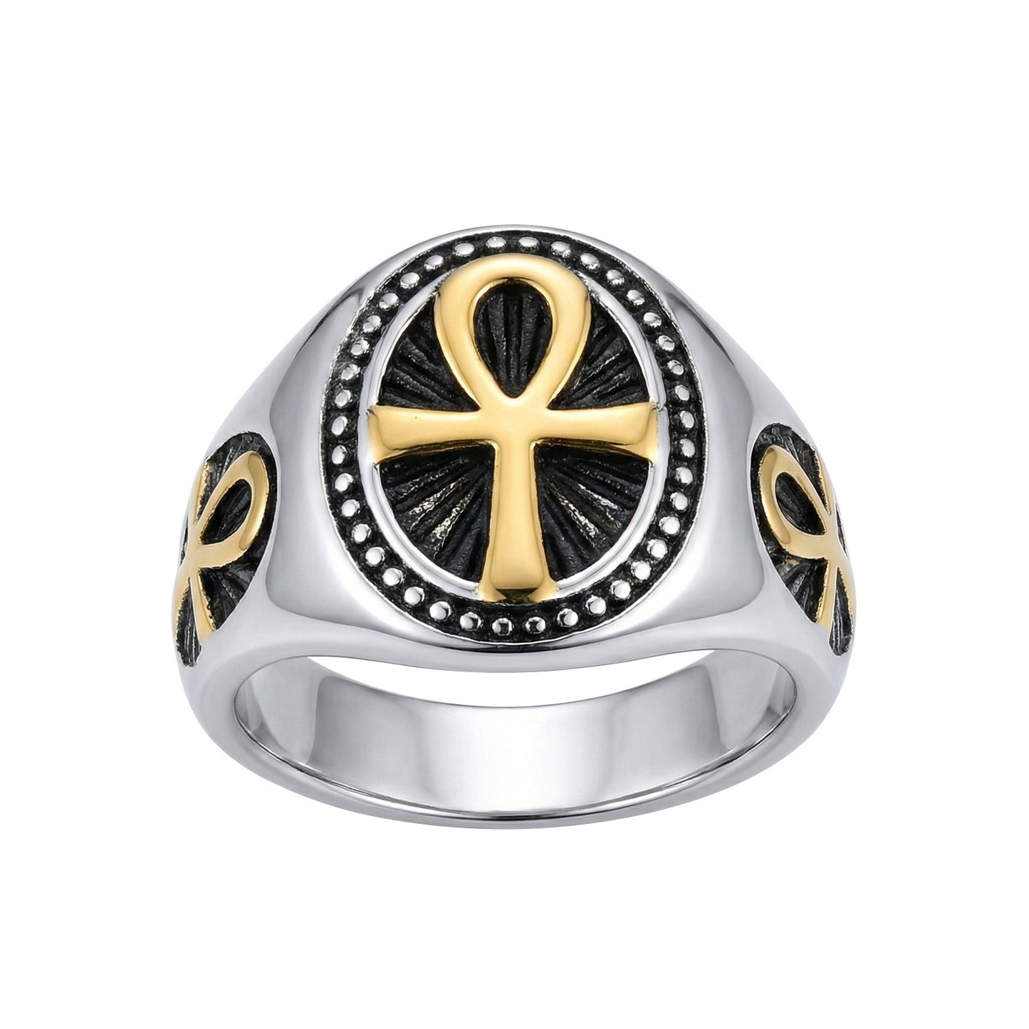Kemstone Stainless Steel Vintage Ankh Cross Ring for Men – Retro Egyptian Design RC-1087