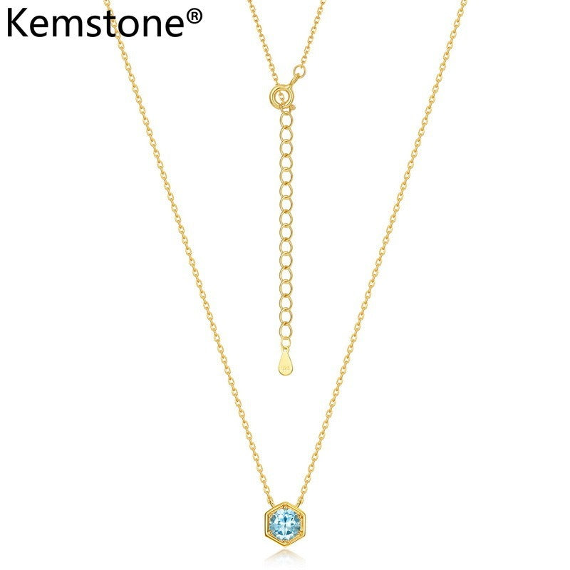 Collar de aguamarina elegante, diseño original y artesanal de Kemstone, plata de ley 925 con baño de oro de 10 quilates, colgante minimalista de diseño para un estilo OL moderno, cadena de 45 cm.