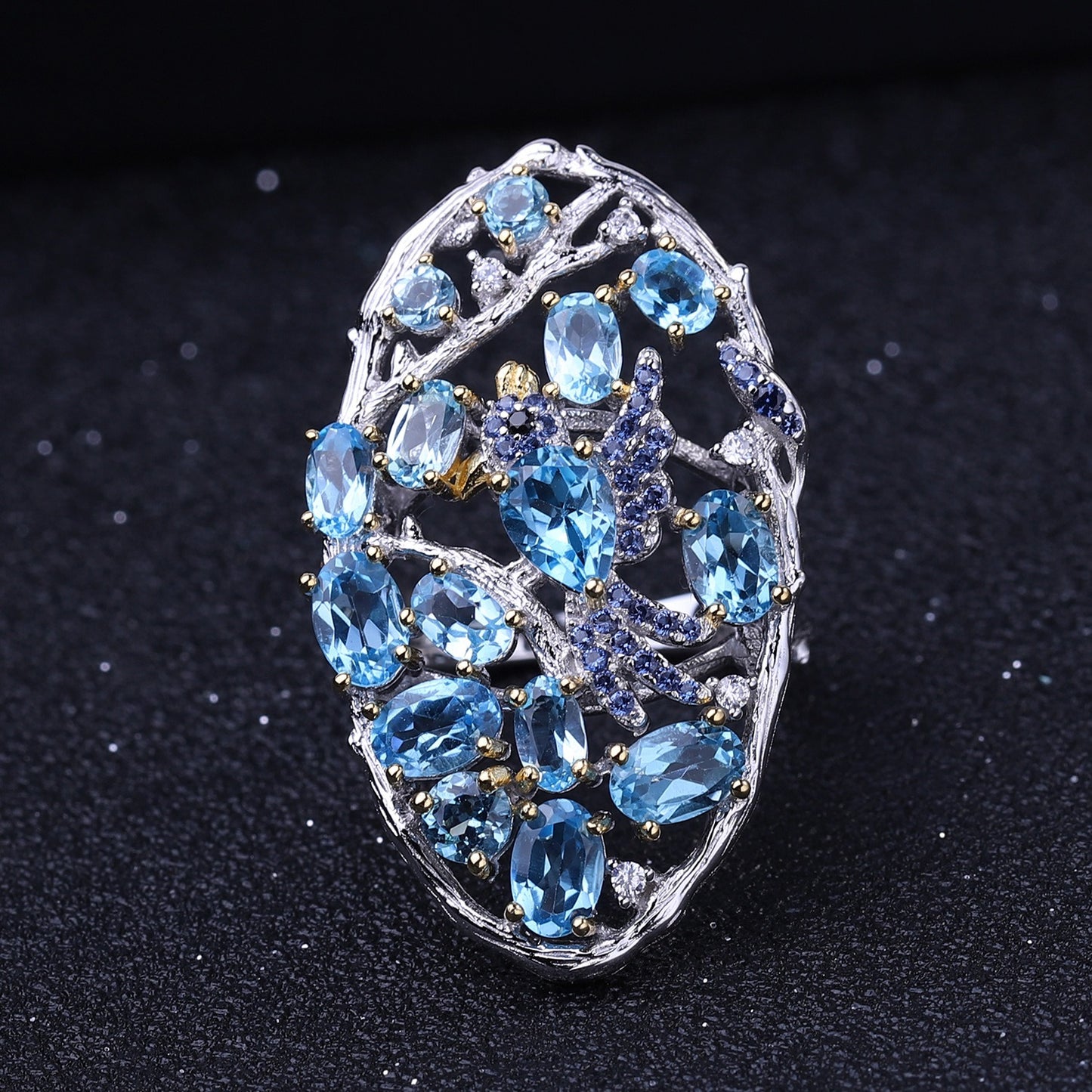 Anillo de plata de ley con diseño de nido de pájaro, bañado en oro y topacio azul suizo, hecho a mano por Kemstone, K245031R