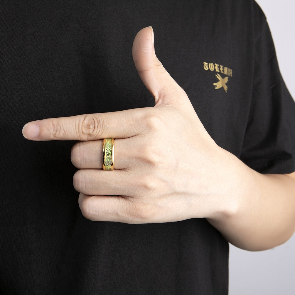 Kemstone Glow Green Ring for Men Stainless Steel Celtic Knot Vintage Style K-R388