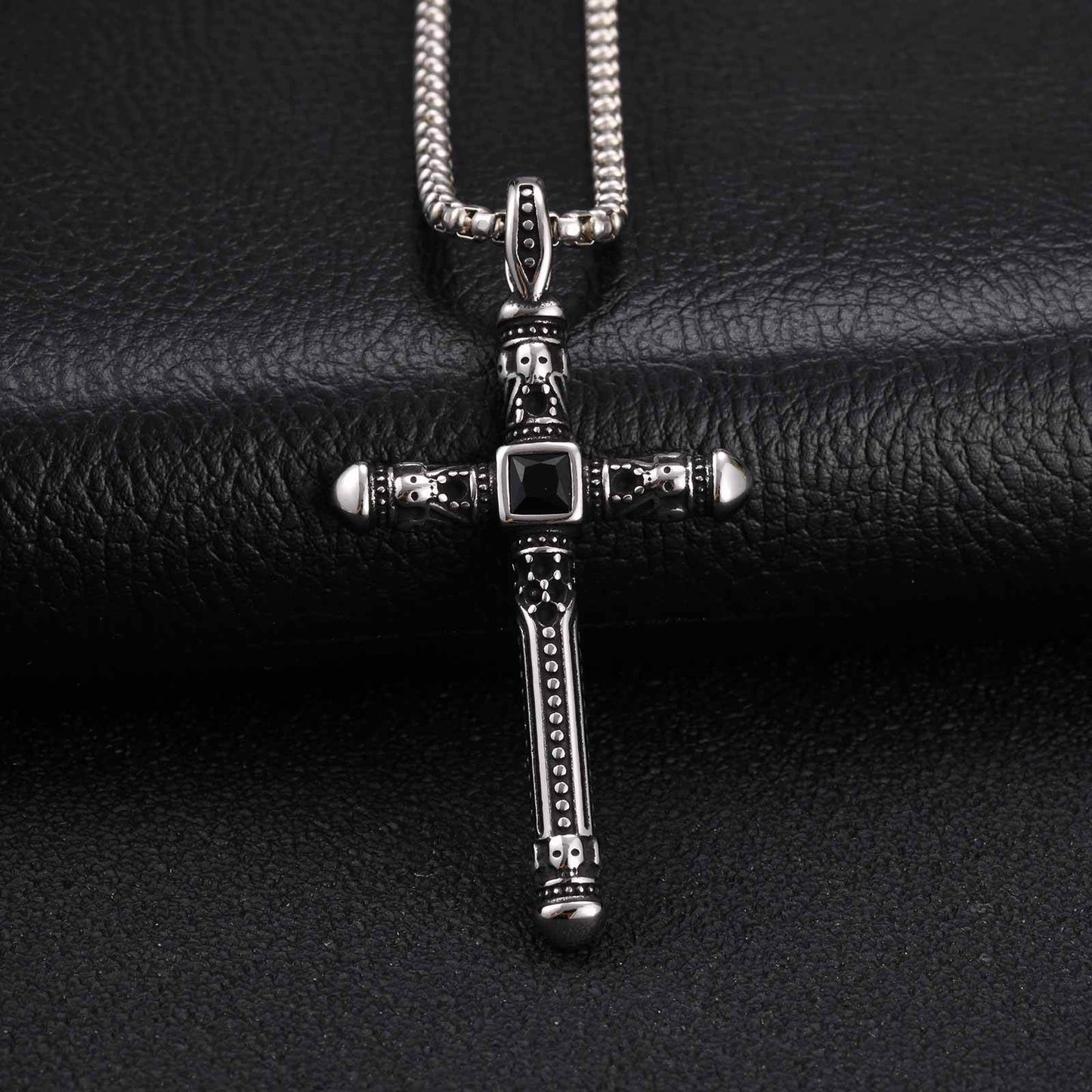 Kemston Cross Necklace for Men Black Cubic Zirconia Vintage Engraved Stainless Steel Pendant PN-2411
