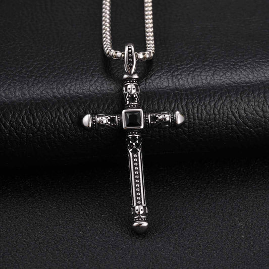 Kemstone Black Cubic Zirconia Cross Pendant Necklace for Men Stainless Steel Vintage Engraved Gothic PN-2411