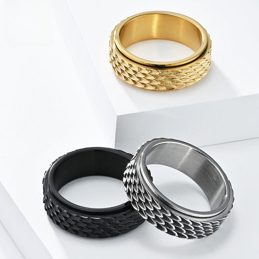 Kemstone Men’s Titanium Steel Dragon Scale Spinner Ring – Vintage Fidget Jewelry K-R810