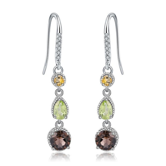 Pendientes colgantes de piedras preciosas naturales de diseño original hechos a mano por Kemstone en plata de ley S925 con topacio, peridoto y citrino.