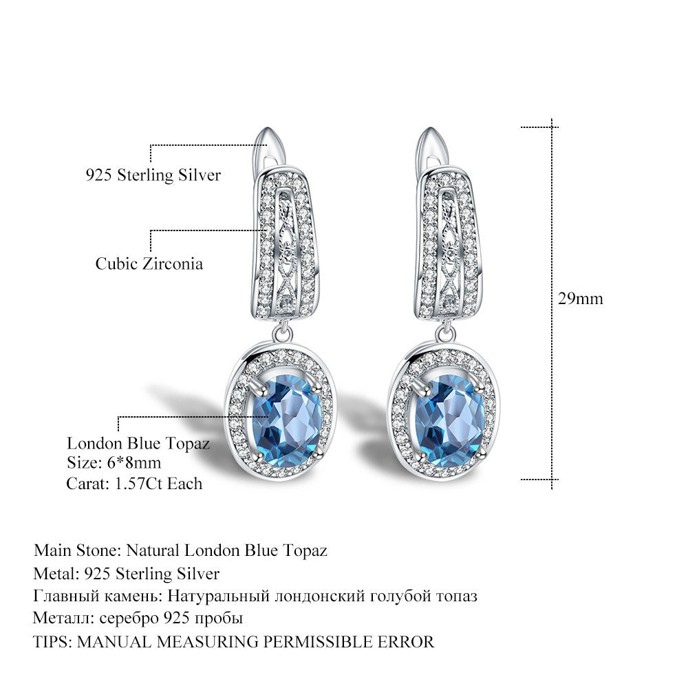 Pendientes colgantes elegantes de topacio azul Londres natural, diseño original, hechos a mano por Kemstone | Plata de ley 925, K23614E