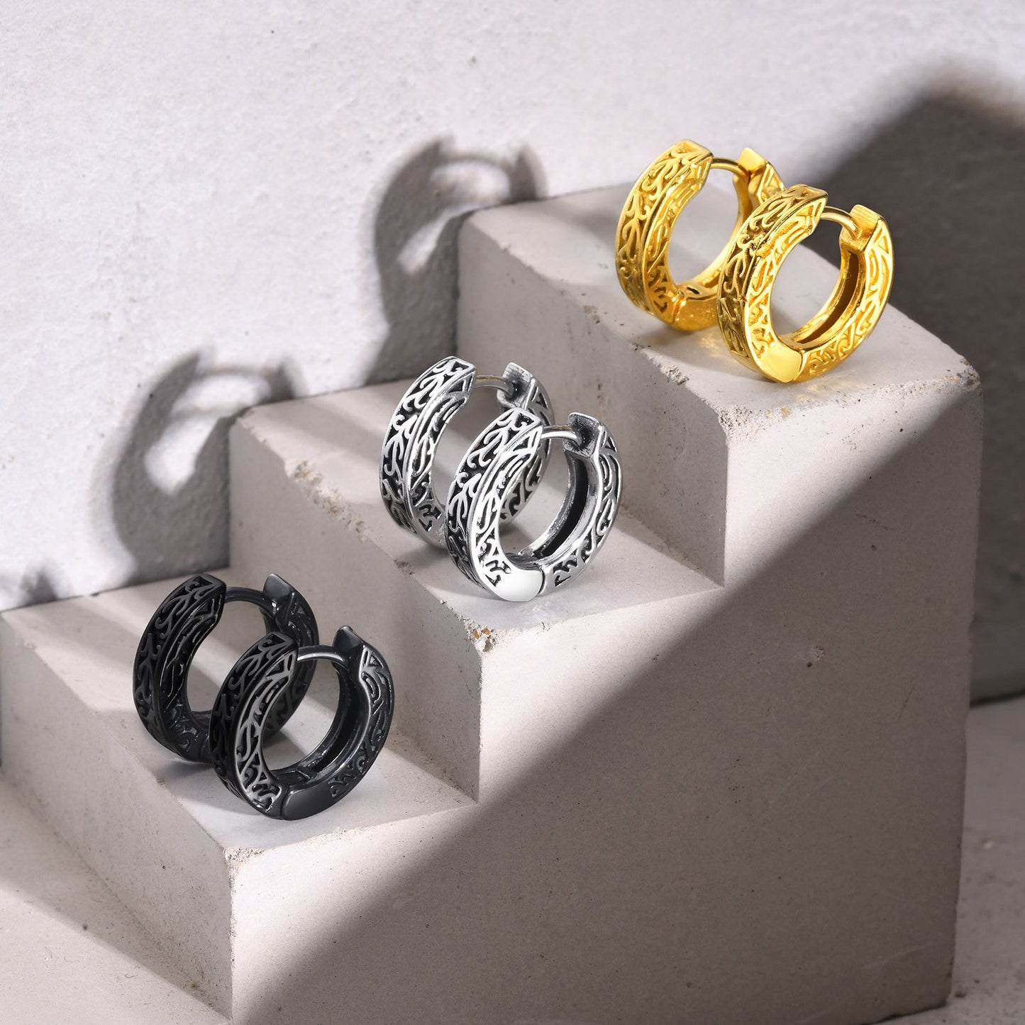 Kemstone Stainless Steel Engraved Hoop Earrings – Vintage Huggie Jewelry for Men, Gold/Silver/Black EH-699