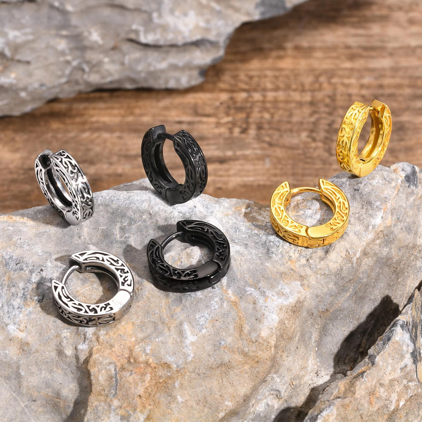 Kemstone Stainless Steel Engraved Hoop Earrings – Vintage Huggie Jewelry for Men, Gold/Silver/Black EH-699