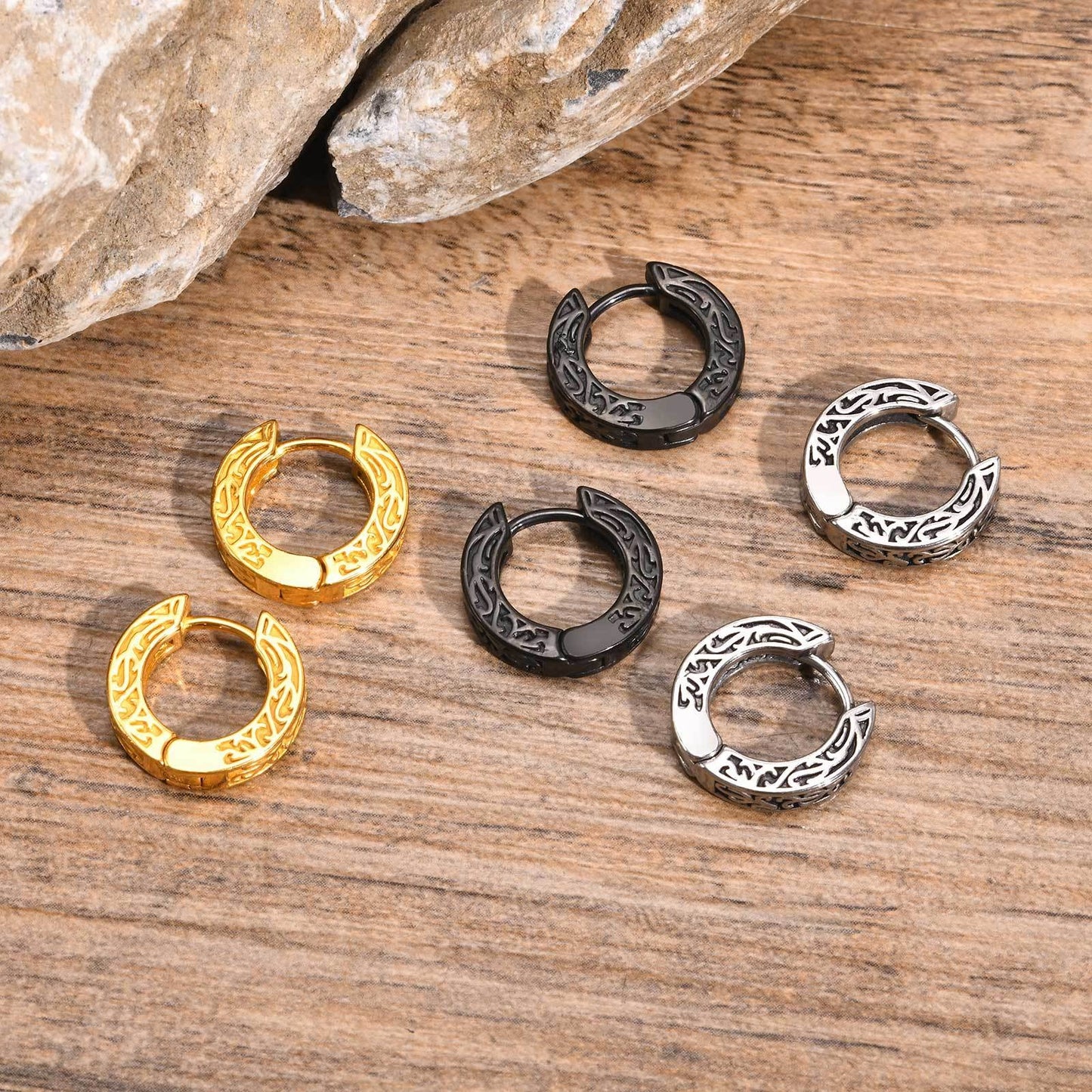 Kemstone Stainless Steel Engraved Hoop Earrings – Vintage Huggie Jewelry for Men, Gold/Silver/Black EH-699