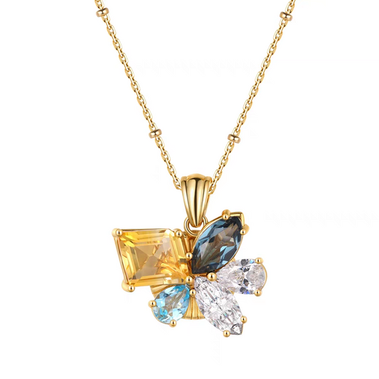 Vintage Floral Sterling Silver Necklace with Citrine, Topaz & Quartz – Radiant Gemstone Pendant | Adjustable 19" Chain | Kemstone