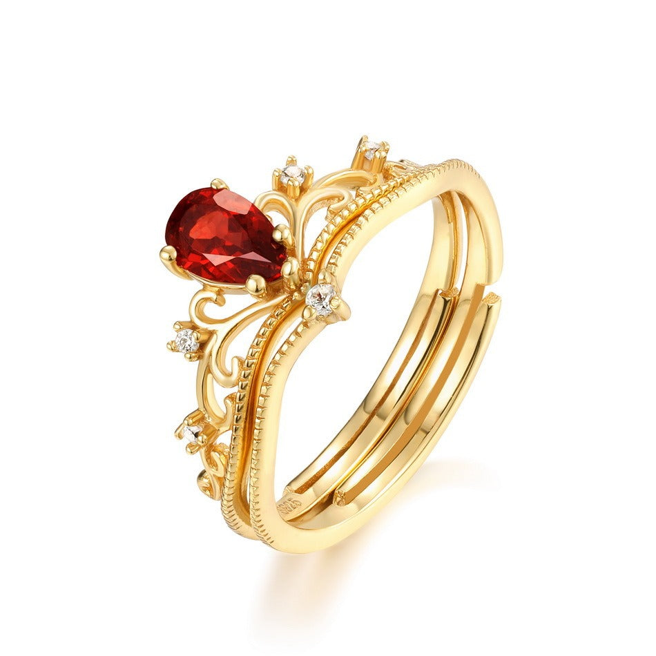 Anillo de corona de granate vintage, chapado en oro de 14 quilates, hecho a mano por Kemstone. Diseño original para mujer.